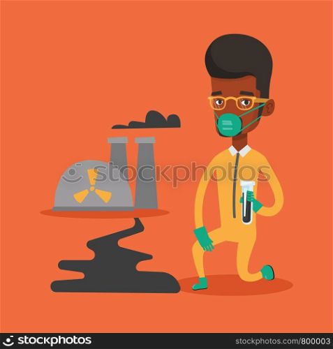 Young african scientist in gas mask and radiation protective suit holding a test-tube with black liquid on the background of nuclear power plant. Vector flat design illustration. Square layout.. Laboratory assistant with test tube.