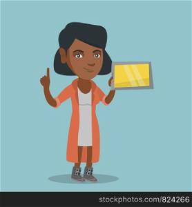 Young african student holding a tablet computer and pointing forefinger up. Student using a tablet computer for education. Concept of educational technology. Vector cartoon illustration. Square layout. Young african student using a tablet computer.