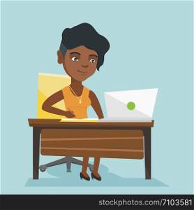 Young african student sitting at the table with a laptop and writing notes in notebook. Student using a laptop for education. Educational technology concept. Vector cartoon illustration. Square layout. African student using a laptop for education.