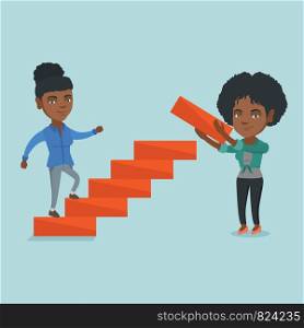 Young african woman climbing up the career ladder while another woman builds this ladder. Concept of business career, promotion, partnership, teamwork. Vector cartoon illustration. Square layout.. Young business woman runs up the career ladder.