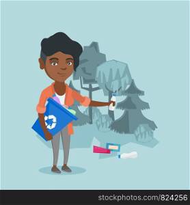 Young african woman collecting garbage in a recycle bin in the forest. Woman picking up garbage and putting it in a recycling bin. Waste recycling concept. Vector cartoon illustration. Square layout.. African woman collecting garbage in the forest.