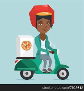 Young african woman delivering pizza on a scooter. Worker of delivery service of pizza driving a motorbike and delivering pizza. Concept of food delivery. Vector cartoon illustration. Square layout.. African-american woman delivering pizza on scooter