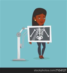 Young african woman during chest x ray procedure. Smiling woman with x ray screen showing her skeleton. Happy female patient visiting roentgenologist. Vector flat design illustration. Square layout.. Patient during x ray procedure vector illustration