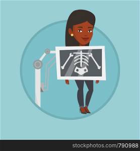 Young african woman during chest x ray procedure. Woman with x ray screen showing her skeleton. Patient visiting roentgenologist. Vector flat design illustration in the circle isolated on background.. Patient during x ray procedure vector illustration