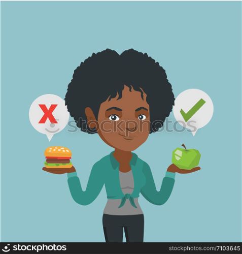 Young african woman holding apple and hamburger. Woman choosing between apple and hamburger. Concept of choice between healthy and unhealthy nutrition. Vector cartoon illustration. Square layout.. Woman choosing between hamburger and cupcake.