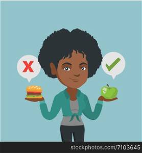 Young african woman holding apple and hamburger. Woman choosing between apple and hamburger. Concept of choice between healthy and unhealthy nutrition. Vector cartoon illustration. Square layout.. Woman choosing between hamburger and cupcake.