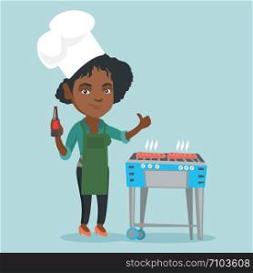 Young african woman in chef hat holding a bottle of beer and cooking steak on the barbecue. Woman cooking steak on the barbecue outdoors and giving thumb up. Vector cartoon illustration. Square layout. African woman cooking steak on the barbecue.