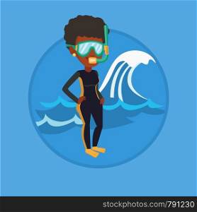 Young african woman in diving suit standing on the background of a big wave. Diver enjoying snorkeling. Diver ready for snorkeling. Vector flat design illustration in the circle isolated on background. Young scuba diver vector illustration.