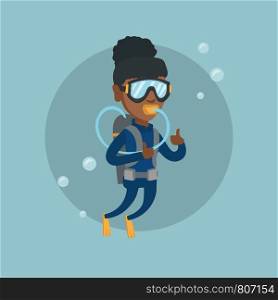 Young african woman in diving suit swimming underwater with scuba and showing thumb up. Full length of scuba diver enjoying the dive and giving thumb up. Vector cartoon illustration. Square layout.. Young african-american scuba diver giving thumb up