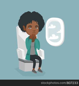 Young african woman shocked by plane flight in the turbulent area. Frightened airplane passenger sitting in airplane seat and suffering from aerophobia. Vector cartoon illustration. Square layout.. Young african woman suffering from aerophobia.