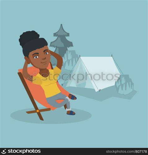 Young african woman sitting in a folding chair on the background of camping with a tent. Satisfied woman relaxing and enjoying her vacation in the camping. Vector cartoon illustration. Square layout. Woman sitting in a folding chair in the camping.