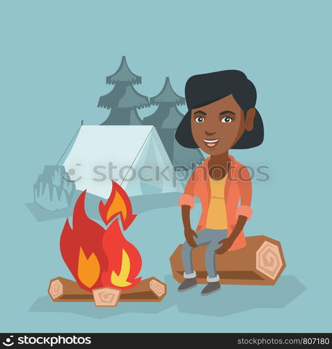 Young african woman sitting on a log near campfire on the background of camping site with tent. Travelling woman sitting near campfire in the campsite. Vector cartoon illustration. Square layout.. Woman sitting on log near campfire in the camping.