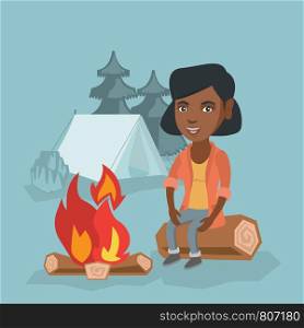 Young african woman sitting on a log near campfire on the background of camping site with tent. Travelling woman sitting near campfire in the campsite. Vector cartoon illustration. Square layout.. Woman sitting on log near campfire in the camping.