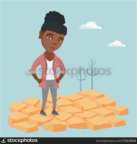 Young african woman standing in the desert. Frustrated woman standing on the cracked earth in the desert. Concept of climate change and global warming. Vector cartoon illustration. Square layout.. Sad woman standing on cracked earth in the desert.