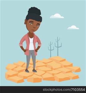 Young african woman standing in the desert. Frustrated woman standing on the cracked earth in the desert. Concept of climate change and global warming. Vector cartoon illustration. Square layout.. Sad woman standing on cracked earth in the desert.