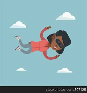 Young african woman wearing virtual reality headset and flying in the sky. Woman in virtual reality device having fun while flying in virtual reality. Vector cartoon illustration. Square layout.. African woman in vr headset flying in the sky.