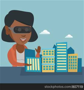 Young african woman wearing virtual reality headset and getting into vr world. Woman developing project of city architecture using virtual reality glasses. Vector cartoon illustration. Square layout. African woman wearing virtual reality headset.