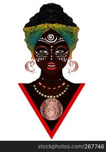 Young african woman wears turban with tribal voodoo makeup.