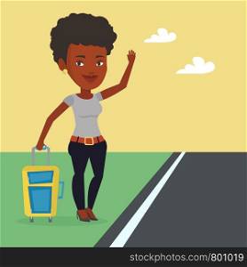 Young african woman with suitcase hitchhiking on roadside. Hitchhiking woman trying to stop a car on a highway. Woman catching taxi car by waving hand. Vector flat design illustration. Square layout.. Young woman hitchhiking vector illustration.