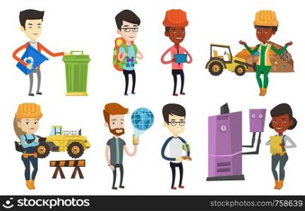 Young african worker of rubbish dump standing with spread arms. Woman standing on the background of rubbish dump and bulldozer. Set of vector flat design illustrations isolated on white background.. Vector set of characters on ecology issues.