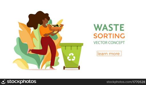 Young afro American woman throwing glass garbage into containers vector illustration. Waste management concept with eco-friendly girl sorting waste into different tanks. Ecological infographic. Young afro American woman throwing glass garbage into containers vector illustration