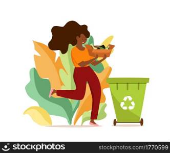 Young afro American woman throwing glass garbage into containers vector illustration. Waste management concept with eco-friendly girl sorting waste into different tanks. Ecological infographic. Young afro American woman throwing glass garbage into containers vector illustration.