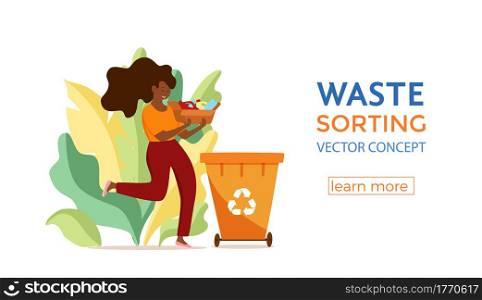 Young afro American woman throwing plastic garbage into containers vector illustration. Waste management concept with eco-friendly girl sorting waste into different tanks. Ecological infographic. Young afro American woman throwing plastic garbage into containers vector illustration.