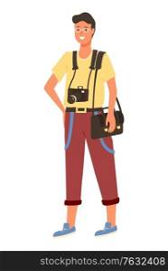 Young amator photographer in glasses, photo camera on neck and sack on shoulders. Smiling correspondent, paparazzi with professional equipment isolated. Vector illustration in flat cartoon style. Young Amator Photographer in Glasses, Photo Camera