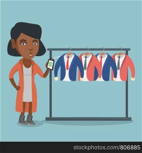 Young amazed african-american woman shocked by price tag in clothing store. Surprised woman looking at the price tag in clothing store. Vector cartoon illustration. Square layout.. Woman shocked by a price tag in a clothing store.