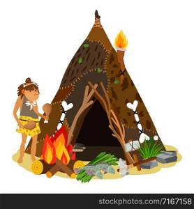Young ancient girl cooking at open fire. Cave, stone age house, primitive girl and tools. Ancient prehistoric caveman, cave girl primitive. Vector illustration. Young ancient girl cooking at open fire. Cave, stone age house, primitive girl and tools
