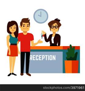 Young and happy couple at reception with smiling receptionist. Hotel reservation on holiday flat vector concept. Reservation hotel and travel tourism in hostel illustration. Young and happy couple at reception with smiling receptionist. Hotel reservation on holiday flat vector concept