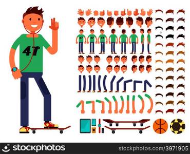 Young and happy vector character boy creation constructor. Student boy with headphones skate ball and gadget illustration. Young and happy vector character creation constructor. Student boy with headphones