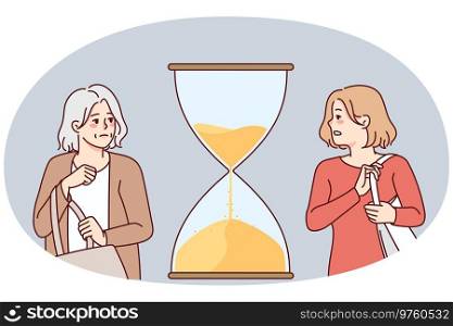 Young and old woman with hourglass between them. Concept of fast life and aging. Female life cycle. Vector illustration.. Young and old woman with hourglass