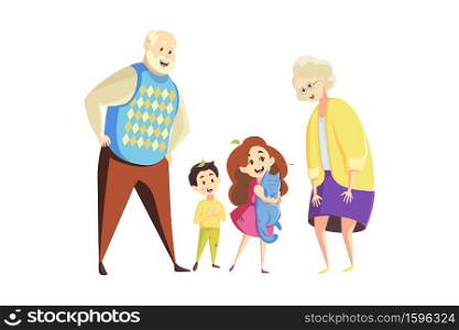 Young and older generation concept. Cartoon characters man grandfather and woman grandmother with children kids grandson granddaughter with cat pet stand together. Happy family vector illustration.. Young and older generation concept