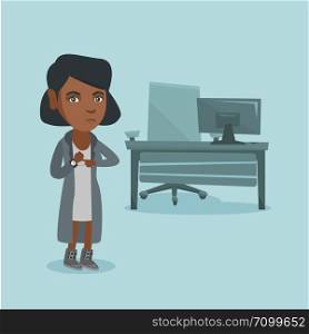 Young angry african-american employer pointing at time on wrist watch. Employer checking the time of coming to work her employees. Concept of late to work. Vector cartoon illustration. Square layout.. Angry african employer pointing at wrist watch.