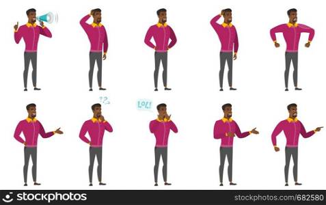 Young angry businessman screaming. Full length of angry businessman clenching fists. Angry businessman shouting with raised fists. Set of vector flat design illustrations isolated on white background.. Vector set of illustrations with business people.