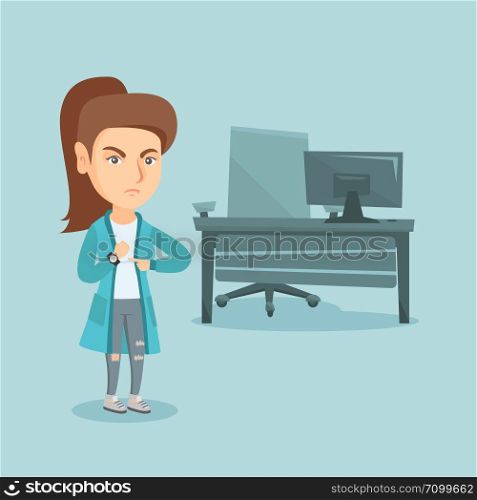 Young angry female employer pointing at time on wrist watch. Caucasian employer checking the time of coming to work his employees. Concept of late to work. Vector cartoon illustration. Square layout.. Angry caucasian employer pointing at wrist watch.