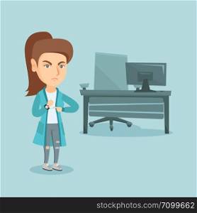 Young angry female employer pointing at time on wrist watch. Caucasian employer checking the time of coming to work his employees. Concept of late to work. Vector cartoon illustration. Square layout.. Angry caucasian employer pointing at wrist watch.