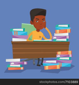 Young angry student studying with textbooks. An african-american annoyed student studying hard before the exam. Bored student studying in the library. Vector flat design illustration. Square layout. Student sitting at the table with piles of books.