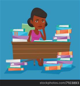 Young angry student studying with textbooks. An african-american annoyed student studying hard before the exam. Bored student studying in the library. Vector flat design illustration. Square layout. Student sitting at the table with piles of books.