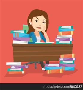 Young angry student studying with textbooks. Caucasian annoyed student studying hard before the exam. Bored female student studying in the library. Vector flat design illustration. Square layout. Student sitting at the table with piles of books.