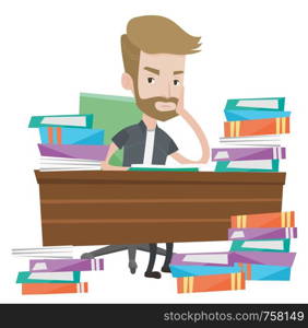Young angry student studying with textbooks. Caucasians student studying hard before the exam. Hipster student studying in the library. Vector flat design illustration isolated on white background.. Student sitting at the table with piles of books.