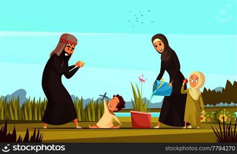 Young arab muslim family in traditional clothing with two children outdoor playing and watering plant cartoon vector illustration . Arab Family Life Cartoon Poster