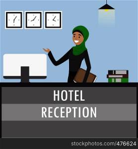 Young arabic woman receptionist in hijab stands at reception desk. Travel, hospitality, hotel booking concept.Cartoon flat vector illustration. Young arabic woman receptionist stands at reception desk.