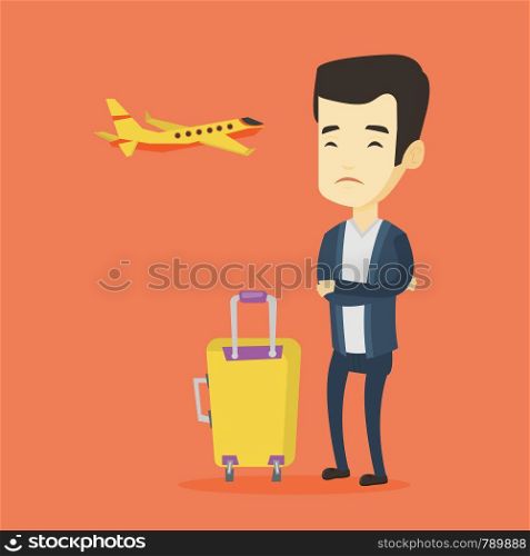 Young asian airplane passenger frightened by future flight. Man suffering from fear of flying. Terrified passenger with suitcase waiting for a flight. Vector flat design illustration Square layout.. Young man suffering from fear of flying.