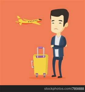 Young asian airplane passenger frightened by future flight. Man suffering from fear of flying. Terrified passenger with suitcase waiting for a flight. Vector flat design illustration Square layout.. Young man suffering from fear of flying.