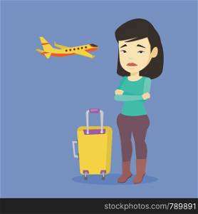 Young asian airplane passenger frightened by future flight. Woman suffering from fear of flying. Terrified passenger with suitcase waiting for a flight. Vector flat design illustration Square layout.. Young woman suffering from fear of flying.