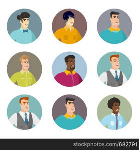 Young asian angry business man screaming. Avatar of angry african business man yelling. Angry business man shouting. Set of vector flat design illustrations in the circle isolated on white background.. Vector set of business characters in the circle.