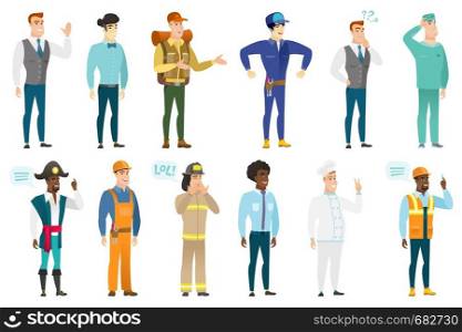 Young asian angry mechanic screaming. Full length of angry mechanic clenching fists. Angry mechanic shouting with raised fists. Set of vector flat design illustrations isolated on white background.. Vector set of professions characters.