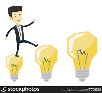 Young asian business man jumping on idea light bulbs. Business man hopping onto idea light bulbs. Concept of successful business idea. Vector flat design illustration isolated on white background.. Business man jumping on light bulbs.